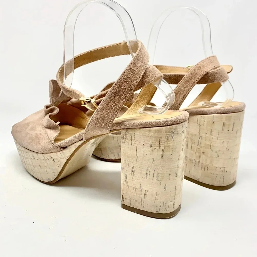 Anthropologie Ruffled Platform Heel Sandals Suede Light Pink‎ Size 41 US 10.5